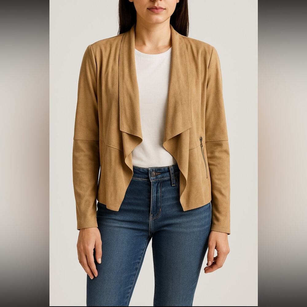 Bagatelle Collection Faux Suede Draped Open Front Jacket - Tan Size Large